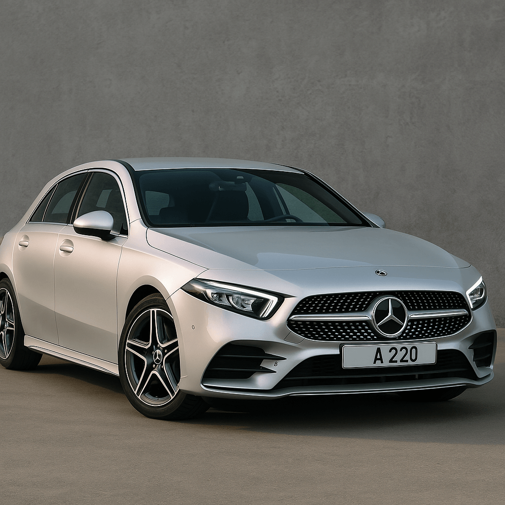 Mercedes-Benz A220 (2023) u biserno bijeloj boji s nijansama ružičaste i plave, parkiran uz betonski zid, s naglašenim aerodinamičnim linijama, prepoznatljivom prednjom maskom i elegantnim aluminijskim naplatcima